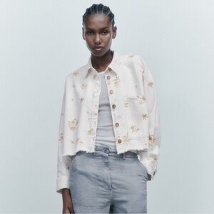 Zara denim jacket Size M  jean shirt Off  white metallic floral embroidery